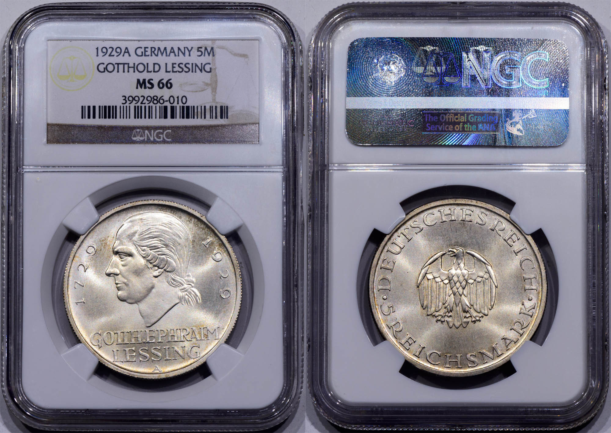 Germany, Weimar Republic, 5 Mark 1929 A, Lessing, NGC MS 66 Germany, Weimar Republic, 5 Mark 1929 A, Lessing, NGC MS 66
