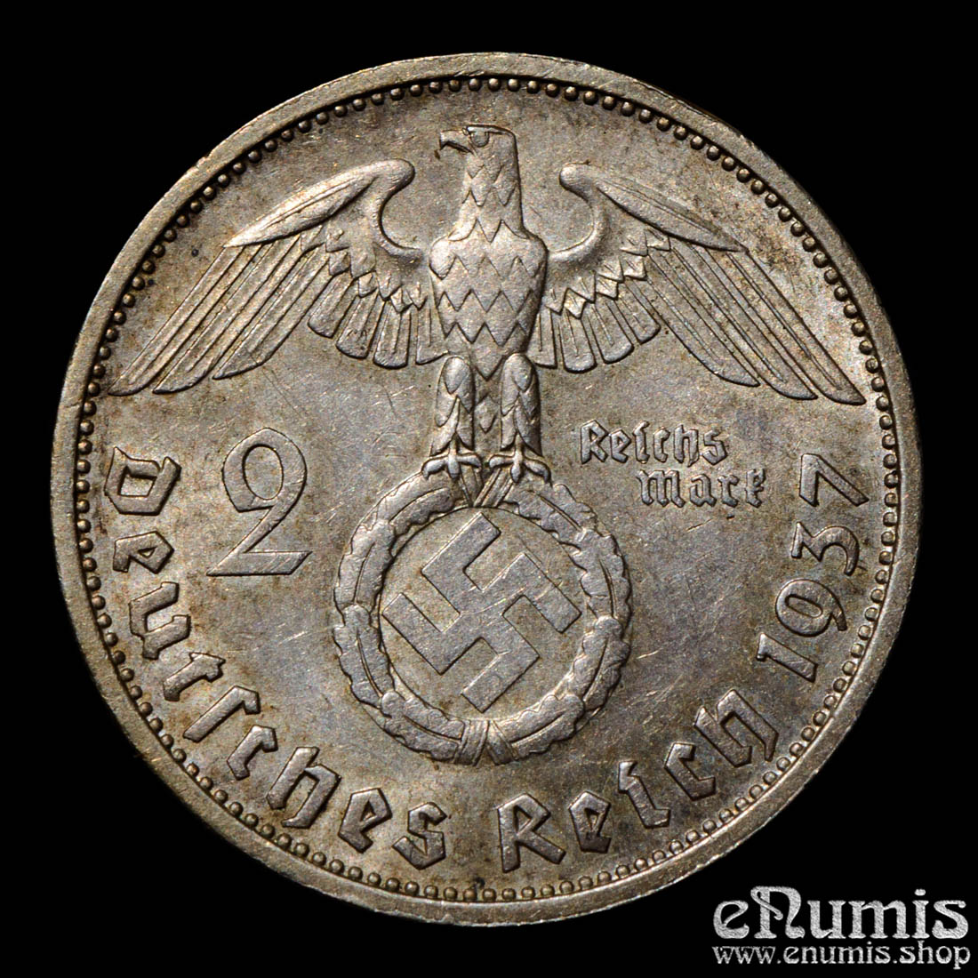 Germany, Third Reich, 2 Mark 1937 F, Stuttgart, Swastika, UNC