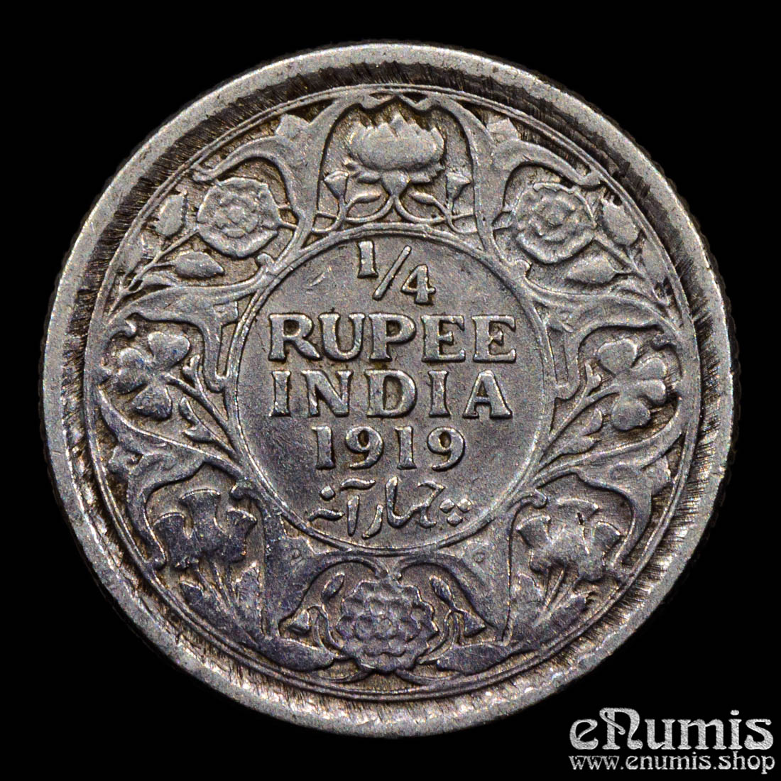 India, George V, 1/4 Rupee 1919, Calcutta, VF-XF