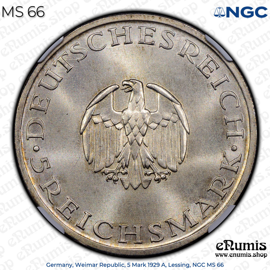 Germany, Weimar Republic, 5 Mark 1929 A, Lessing, NGC MS 66 Germany, Weimar Republic, 5 Mark 1929 A, Lessing, NGC MS 66