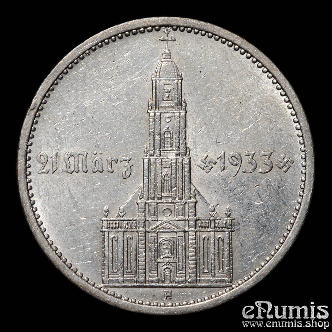 Germany, Third Reich, 5 Mark 1934 A, Garrison Church with date, aUNC