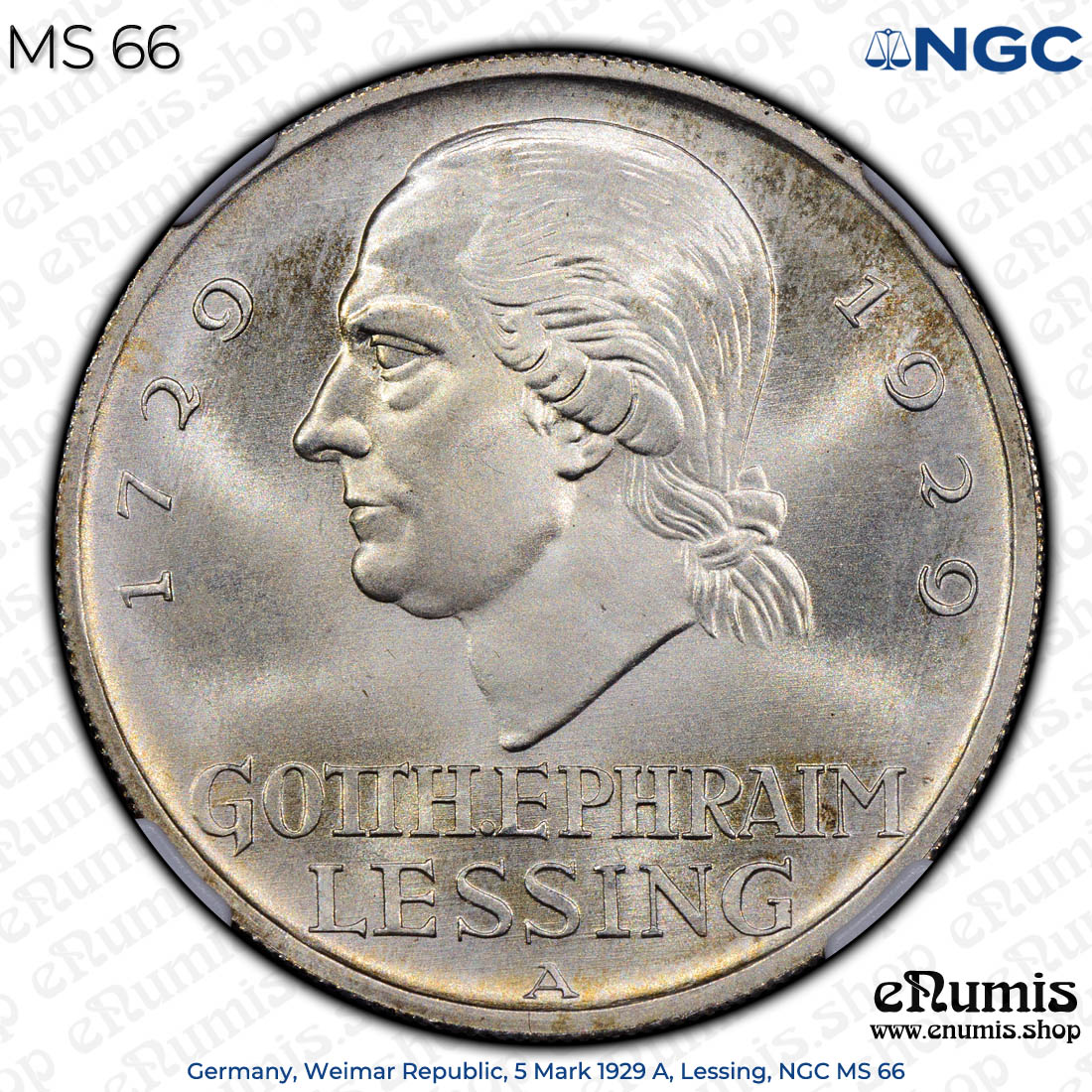 Germany, Weimar Republic, 5 Mark 1929 A, Lessing, NGC MS 66 Germany, Weimar Republic, 5 Mark 1929 A, Lessing, NGC MS 66